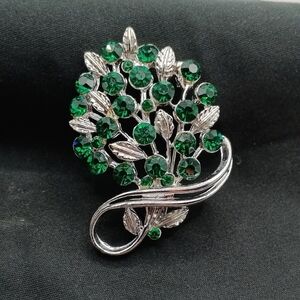 Silver and Green Botanical Brooch with Emerald Accents